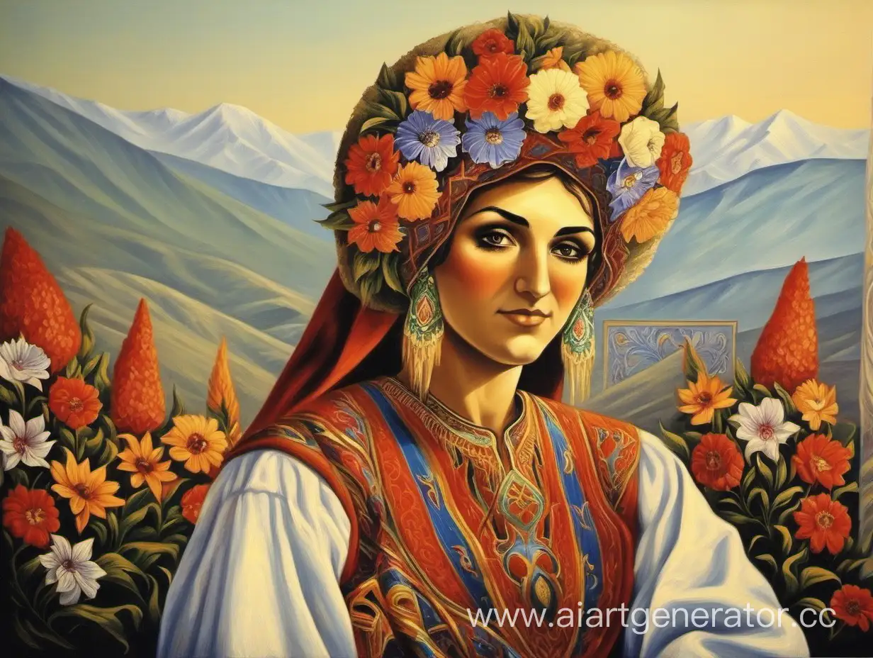 Ossetian-Woman-Holding-Colorful-Flowers