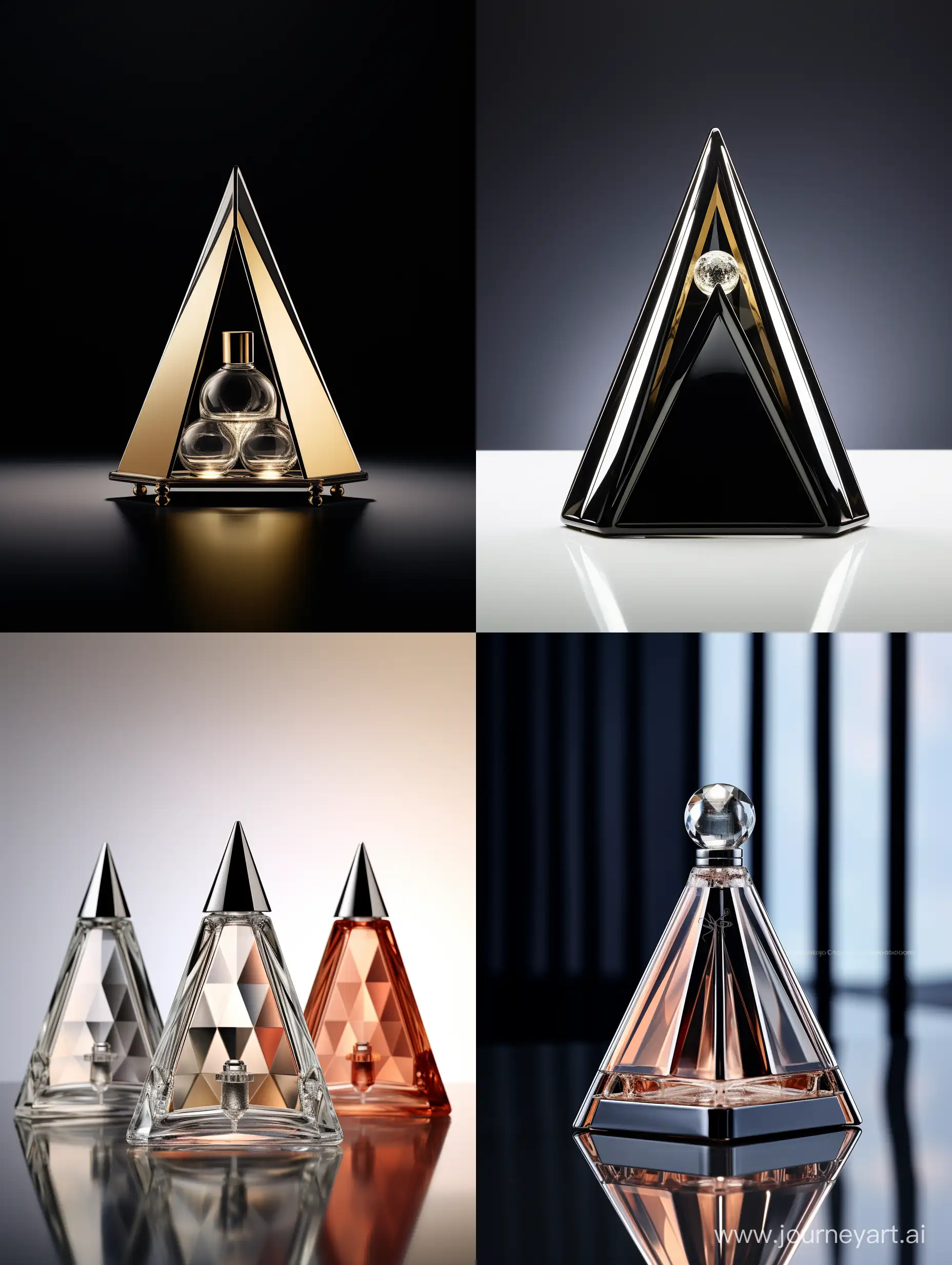 "Design an exterior for a fragrance bottle with a distinctive triangular shape. Inside the main triangular container, create a compartment to house a smaller bottle for a unique fragrance. Pay special attention to the details of both the outer and inner bottle designs, ensuring they complement each other seamlessly. Consider elements that enhance the overall aesthetic and functionality, delivering an elegant and captivating visual appeal."\