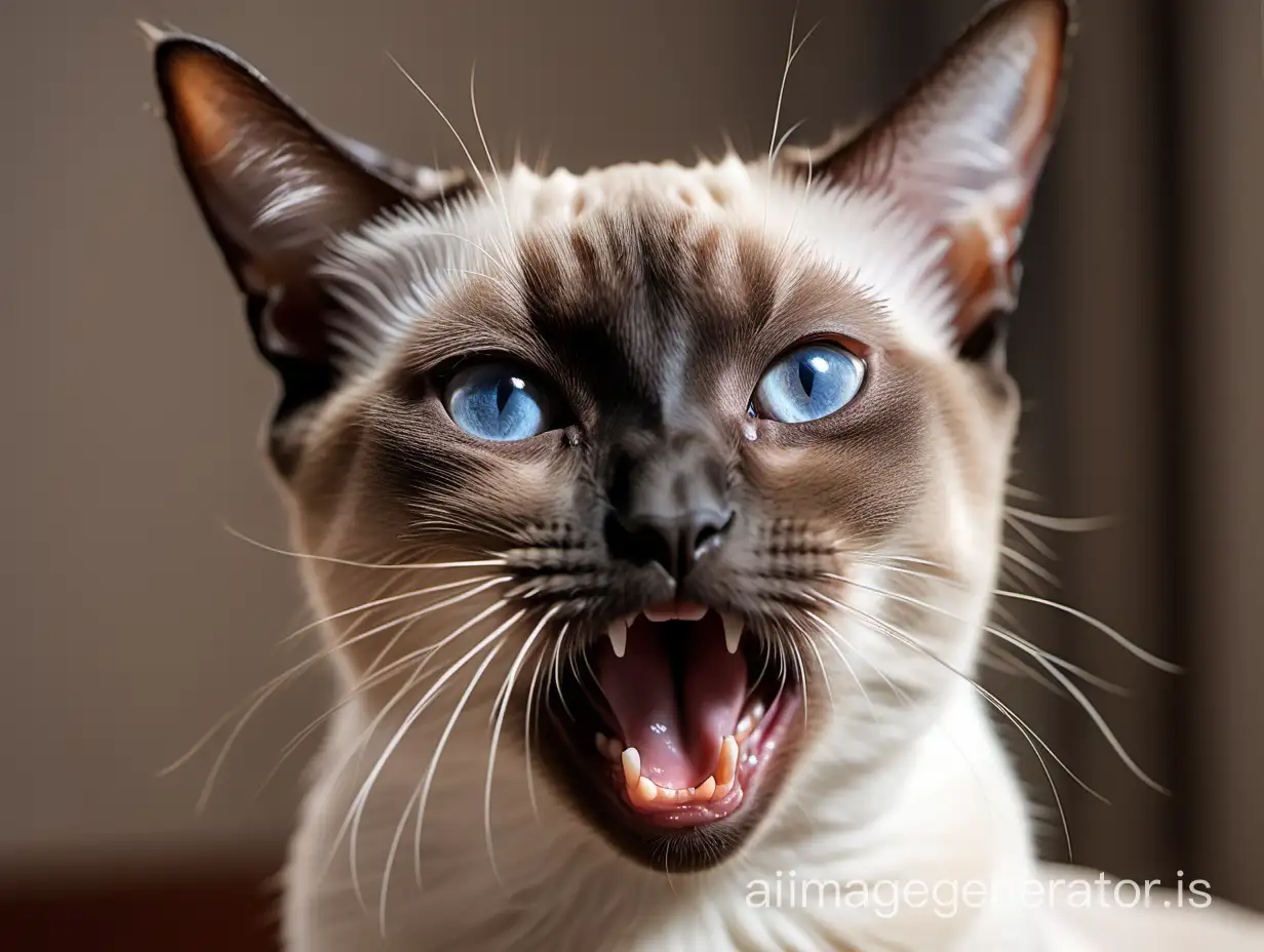 Cute open-mouthed Siamese cat, detailed photo, 8k