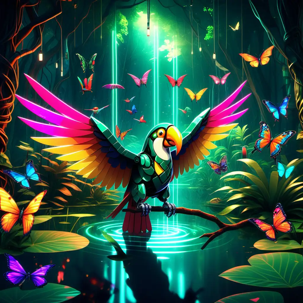 Enchanting Emerald Pond in Vibrant Forest with Robotic Parrots and Neon Butterflies