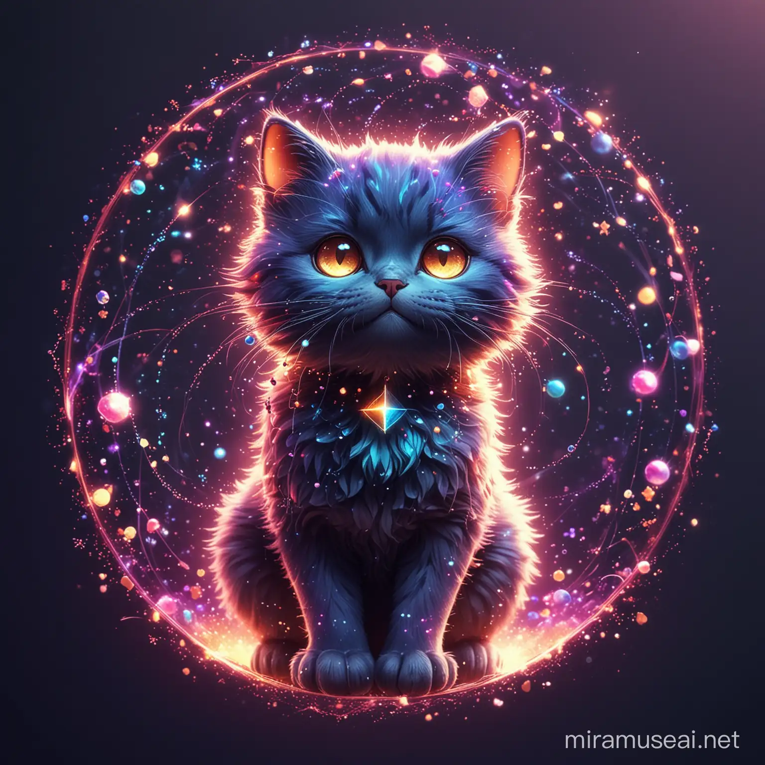 Vibrant Fantasy Particle Cat Whimsical Subatomic Particle Feline Art