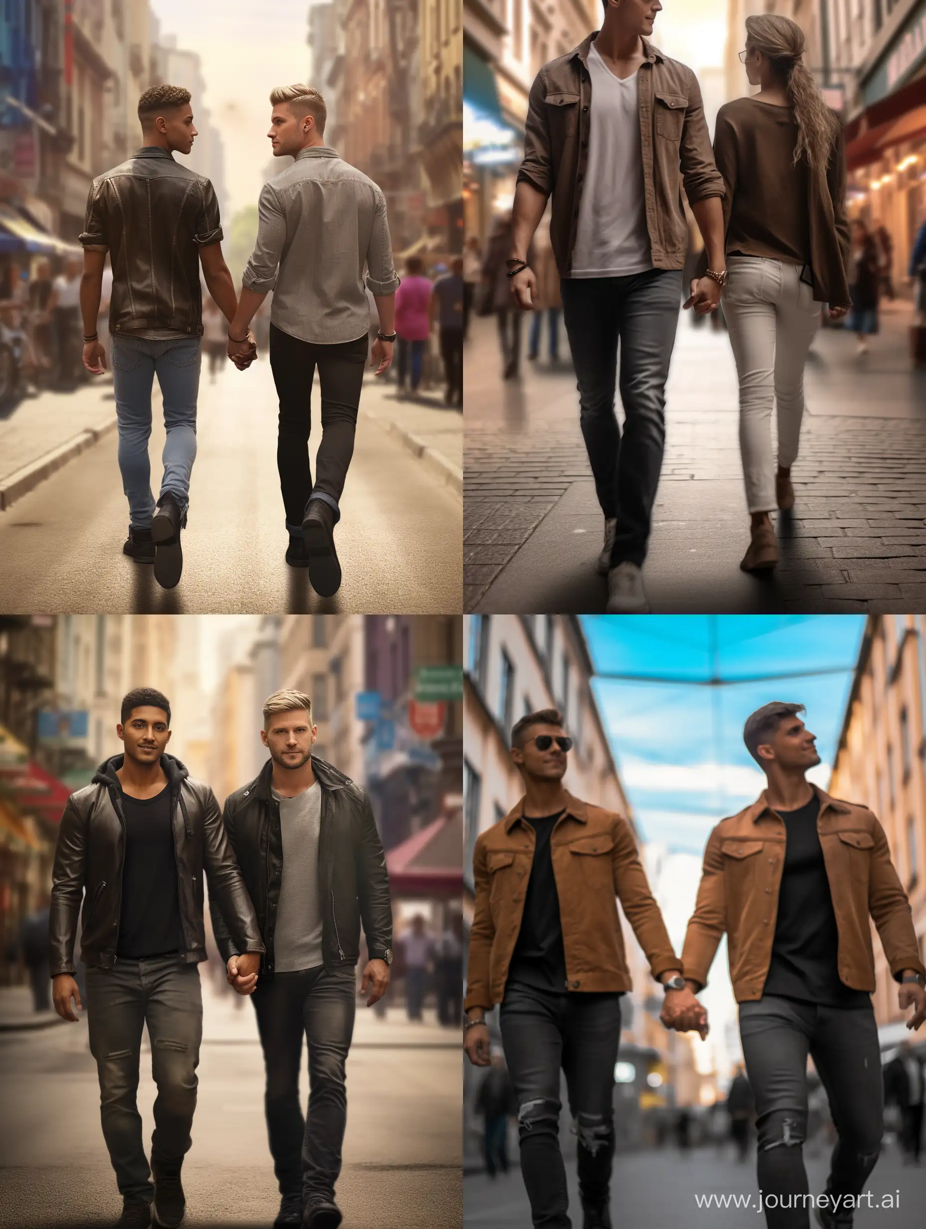 A gay men couple walking towards the camera, in the city, holding hands. Close-up, Photo realistic, blurry background, ultra-realistic