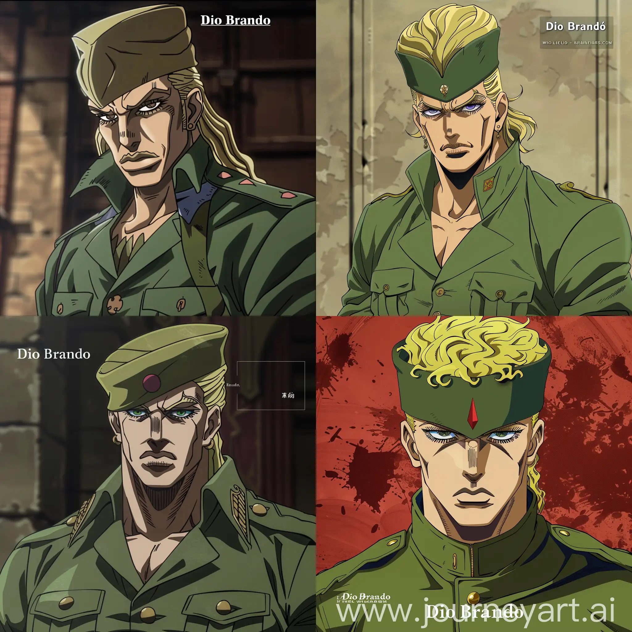 The character “Dio Brando” from the Jojo Bizarre Adventure anime looks like an Ottoman pasha from World War I and wears a fez. His hair is blond and he is a big muscular man. He has a sharp gaze and his jawline is very pointed and sharp. He wears a green military uniform. He has no beard or mustache. The fez he wears is a 20th century fez.