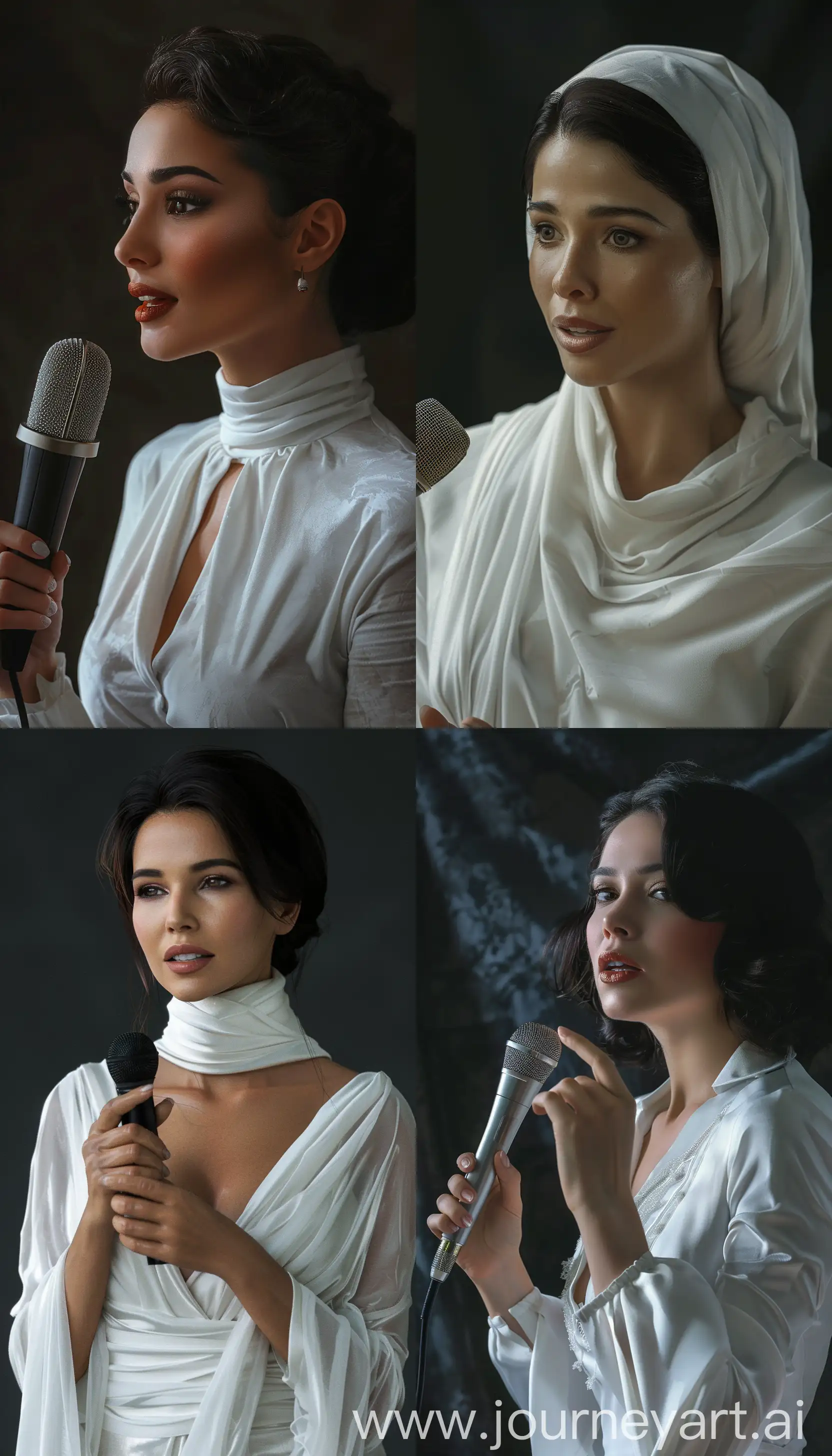 An elegant woman dressed in white speaking into the microphone, with olive skin tone, medium dark hair, studio photography, realistic, ultra-realistic --v 6 --style raw --ar 4:7