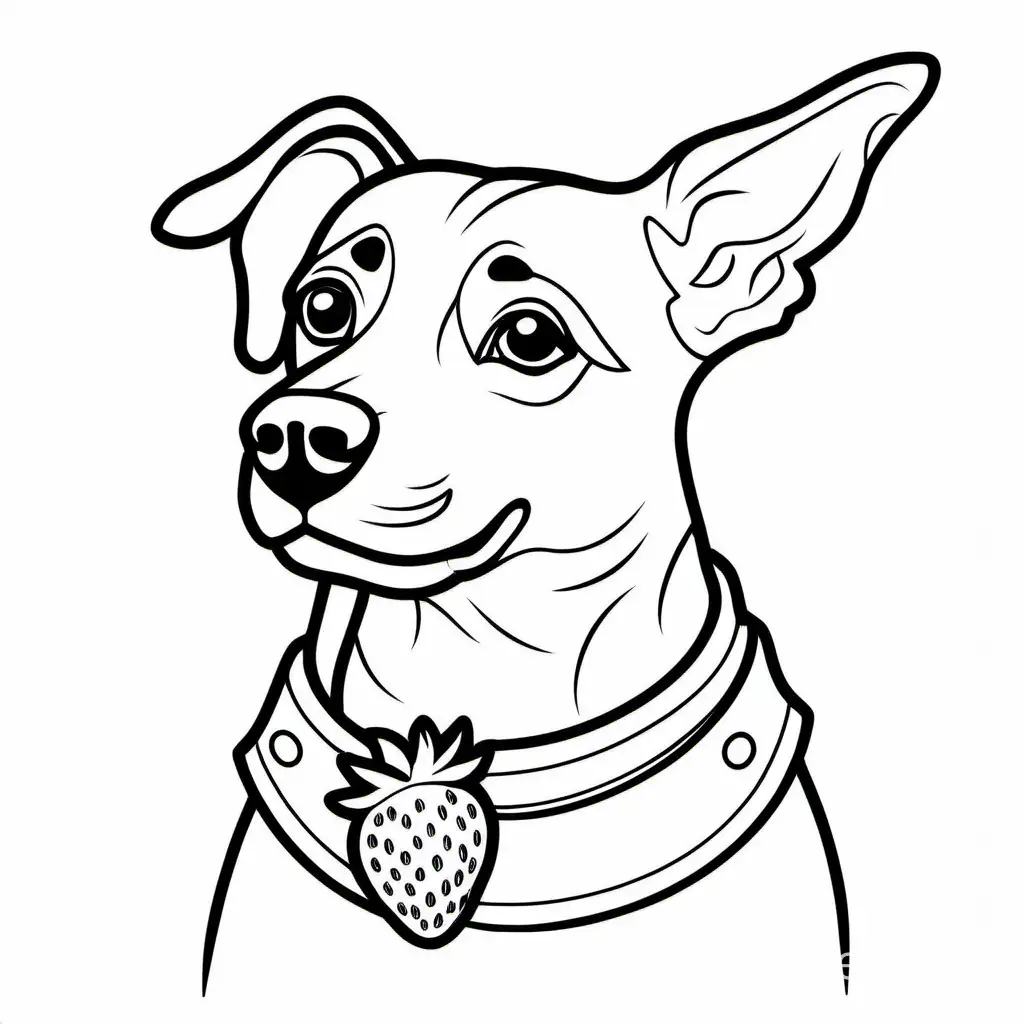 dog with a cocked ear and strawberry collar, Coloring Page, black and white, line art, white background, Simplicity, Ample White Space. The background of the coloring page is plain white to make it easy for young children to color within the lines. The outlines of all the subjects are easy to distinguish, making it simple for kids to color without too much difficulty