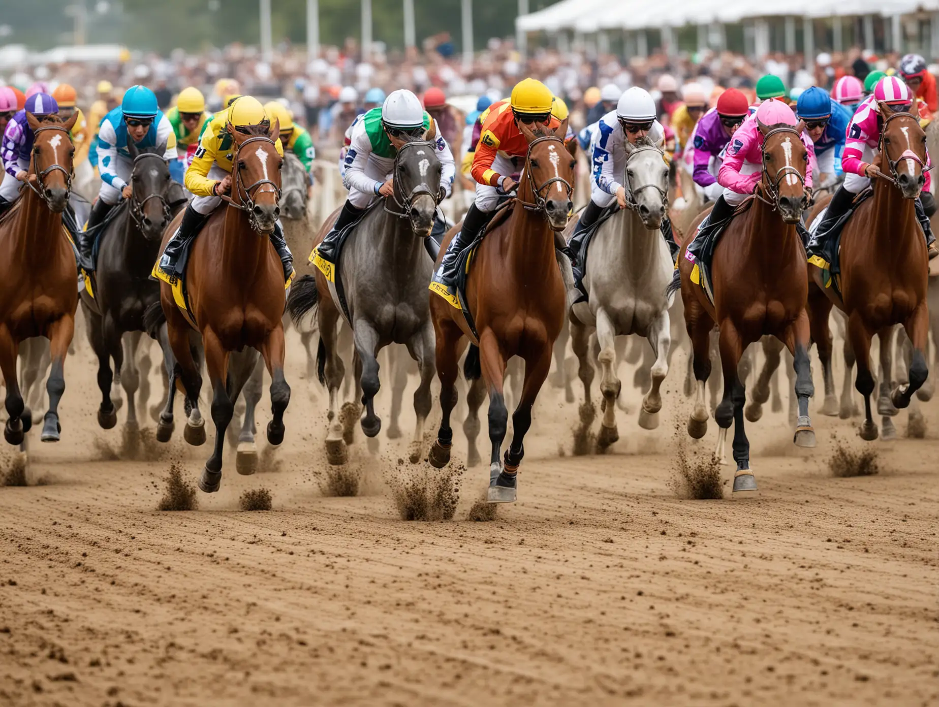 with perspective of a long lens dead on horse racing detail of horses not too crowded headed to the finish line  showing the bright colors of the jockeys and their expression to win the race.