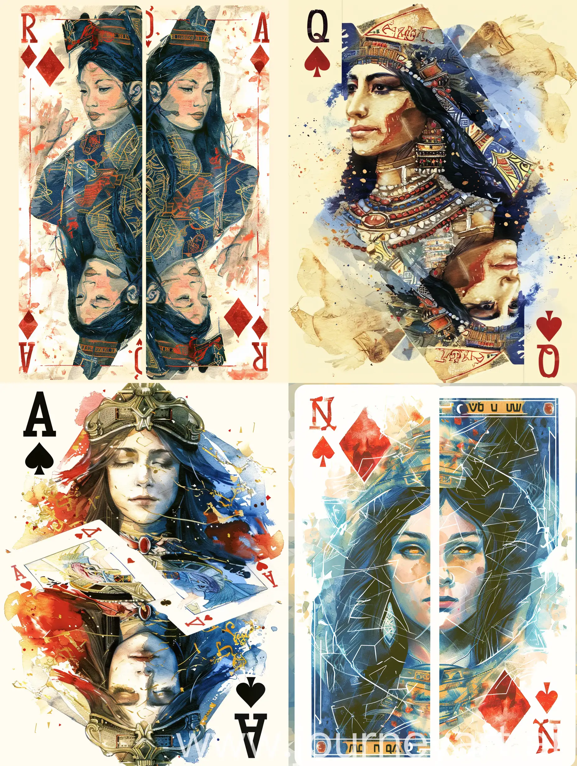 playing card cover design, queen of the ancient Sumerian civilization theme, reflected vertically, watercolor, Victor Ngai style