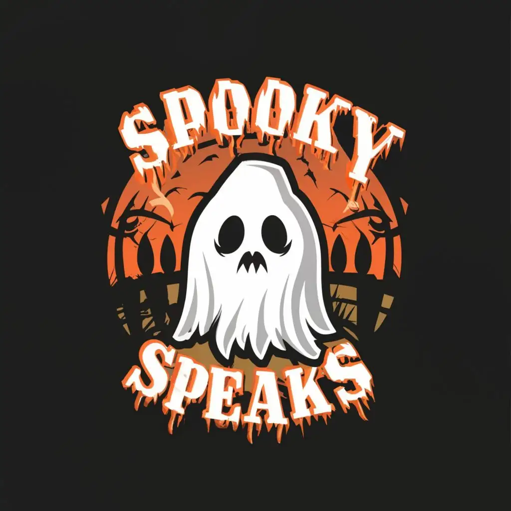 logo, horror ghost, with the text "spooky speaks", typography
