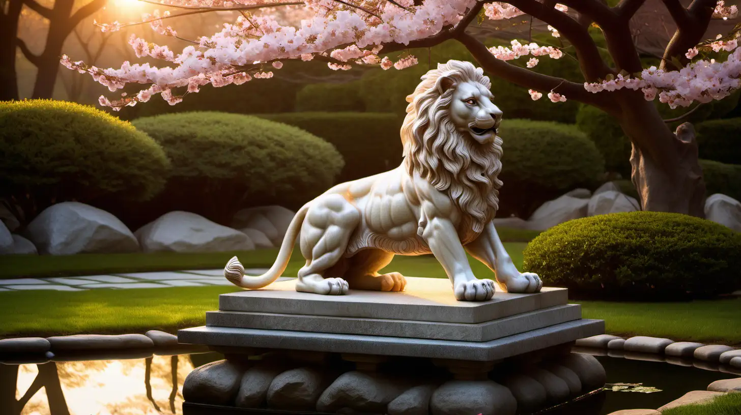 /imagine prompt: A majestic stone lion statue at dawn, poised gracefully atop a marble pedestal, surrounded by a serene Japanese garden with cherry blossoms. The early morning light casts a soft glow on the scene, with a tranquil pond reflecting the statue and pink petals gently falling. Created Using: Detailed stone texture, soft pink and white cherry blossoms, reflective water surface, serene sunrise ambiance, crisp early light, shadow play on the lion's mane, peaceful garden setting, harmonious color palette --ar 4:3 --v 6.0