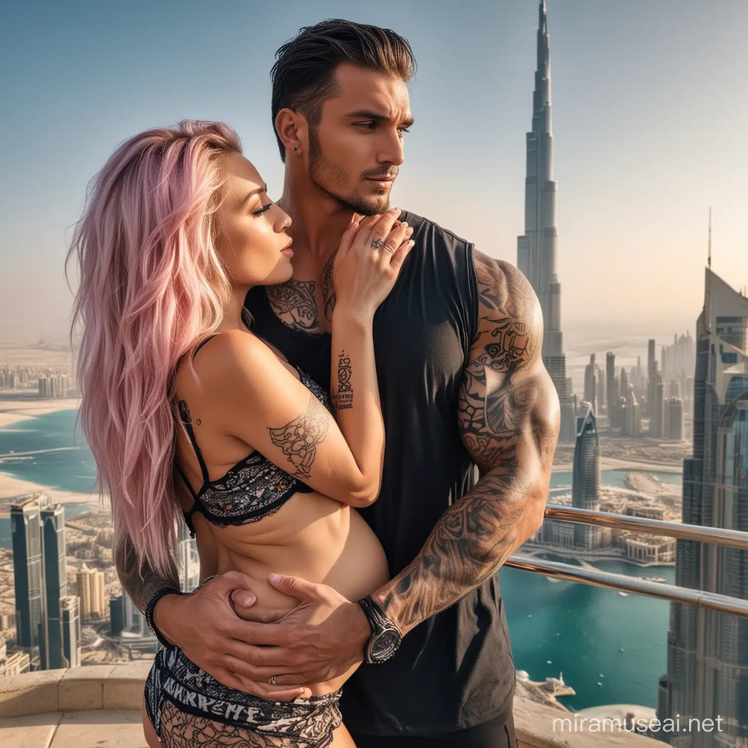 Muscular Man Kissing Pregnant Wife and Daughter by Seaside with Majestic Mountain and Urban Skyline