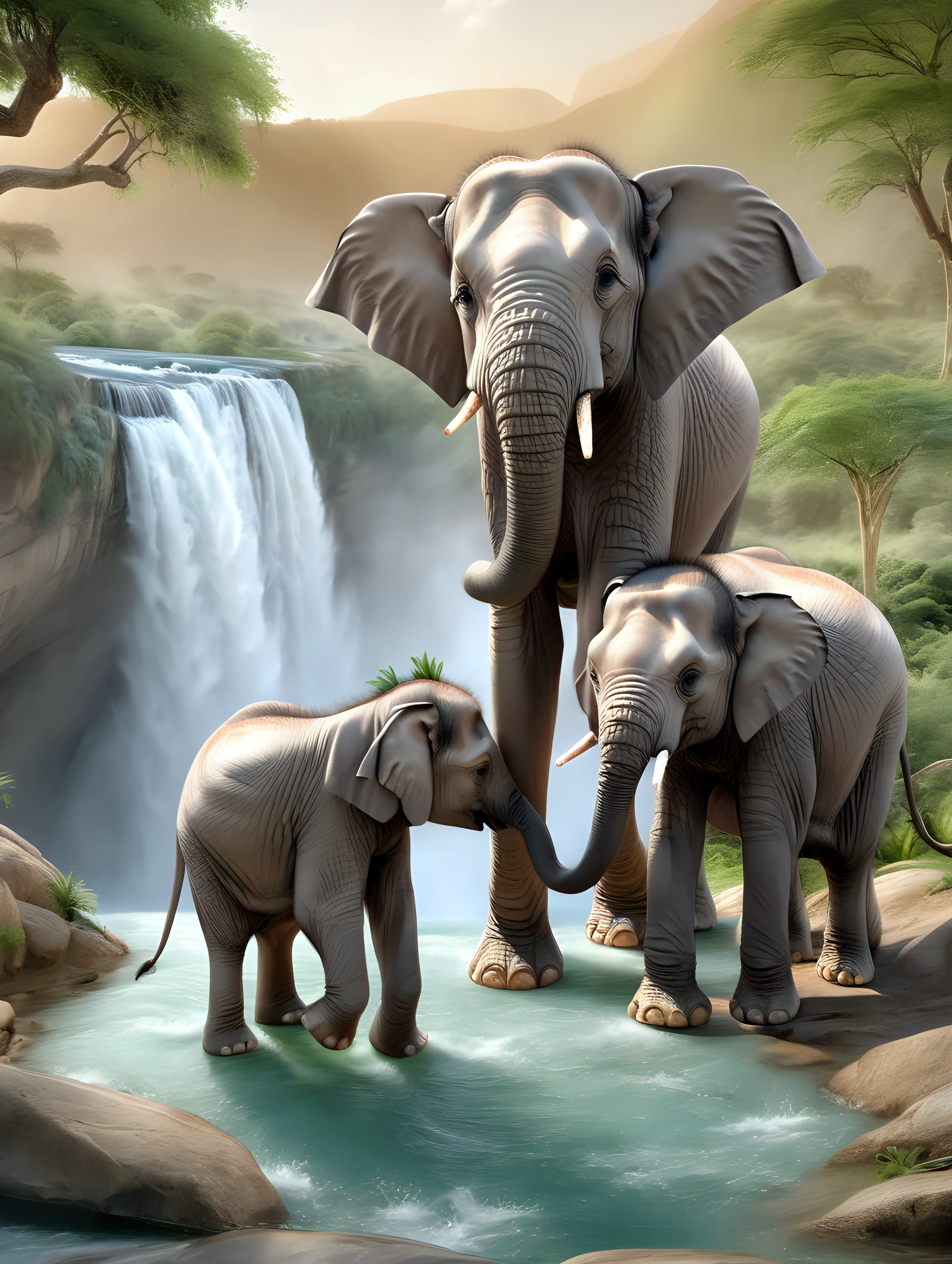 Elephant Family Nurturing Their Young by a Serene Waterfall