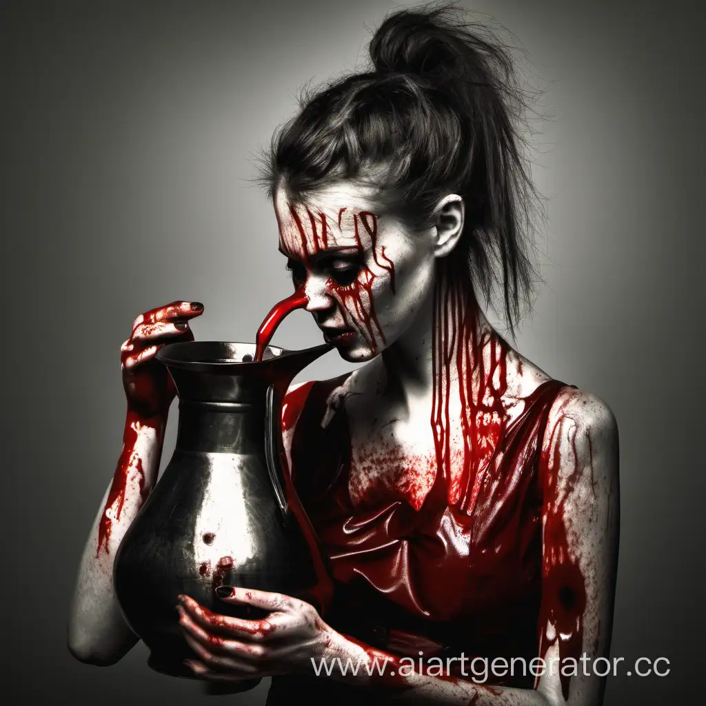 Девушка пьёт кровь из кувшина