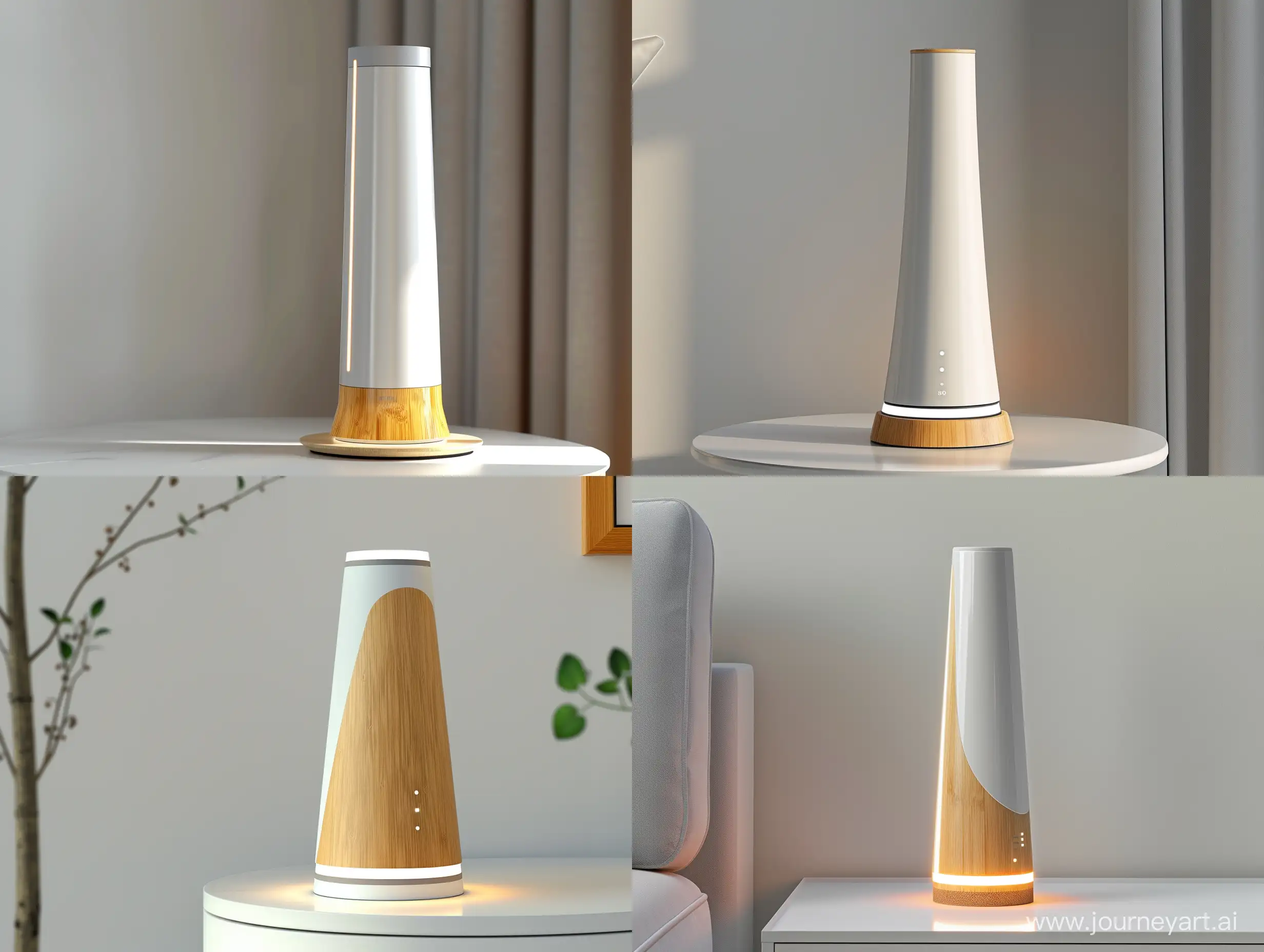Visualize the Zenith Energy Gateway as a pinnacle of smart home energy management, blending modern design with environmental consciousness. This device embodies minimalism with its sleek, vertical silhouette, slightly tapered at the top for a subtle dynamic edge. Standing 30 cm tall with an 8 cm base diameter, its base is crafted from sustainable bamboo, offering a warm, natural aesthetic that speaks to eco-friendliness. The body, made from recycled plastics, shines in a pristine white or soft light gray, designed to complement any smart home decor with its understated elegance.
The Zenith Energy Gateway features discreet, soft LED lighting at its base and edges, providing ambient illumination and notifications in a sophisticated manner. This lighting enhances the device's futuristic appeal, creating a visual connection between the device and its smart home environment.
Designed to be both a functional energy management hub and a statement piece of technology, the Gateway stands on a minimalist side table or is mounted on a clean, white wall, integrating seamlessly into the smart home aesthetic. Its form factor and material choice symbolize a commitment to sustainability, innovation, and design excellence, aiming to resonate with modern homeowners who prioritize eco-conscious living without compromising on style.
The image should capture the essence of the Zenith Energy Gateway in a contemporary setting, highlighting its role as an elegant, technologically advanced, and environmentally friendly addition to the smart home.realistic style