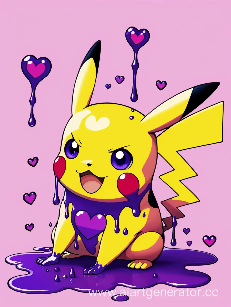 Pokemon Pikachu is sitting. He's looking at you. He has hearts in his eyes. Purple liquid is dripping down his muzzle. It is located on a pink background.