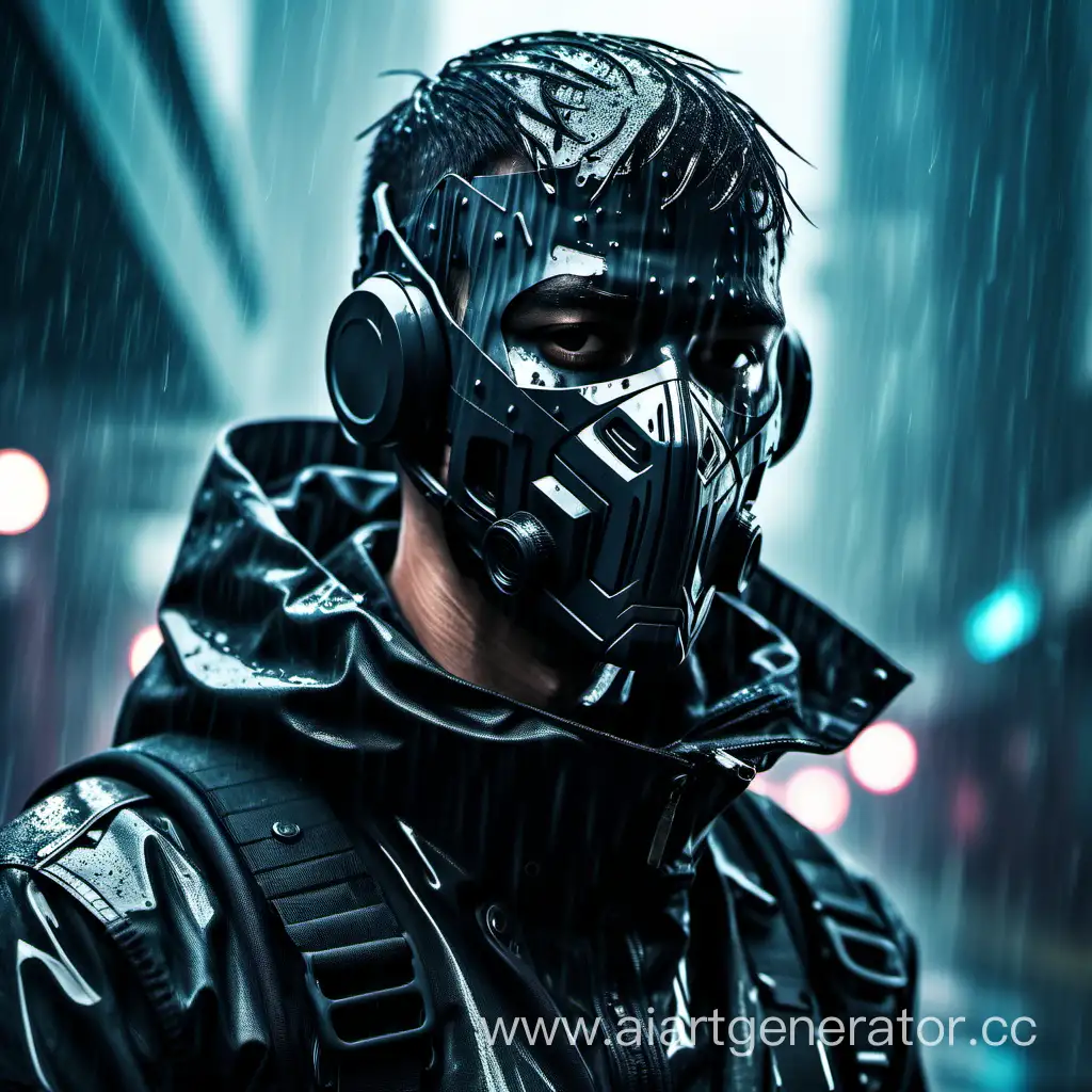 military man with black full face futuristic mask under the rain. Cyberpunk style
