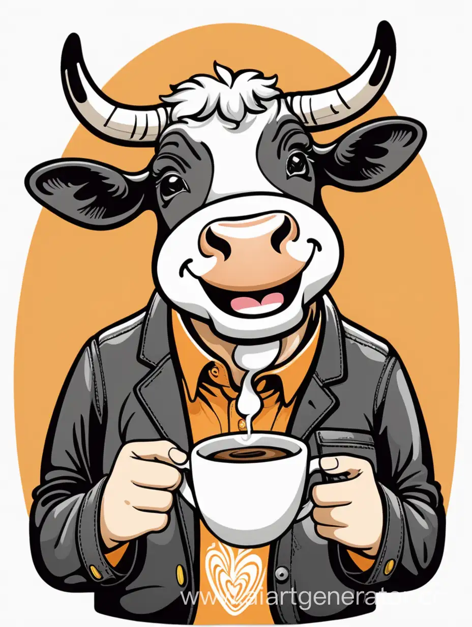 social cow drinking coffee,  smile, Create a vibrant and whimsical T-shirt graphic illustration that embodies the charm of the phrase 'coffee shop, but have you blend?' funny sticker style