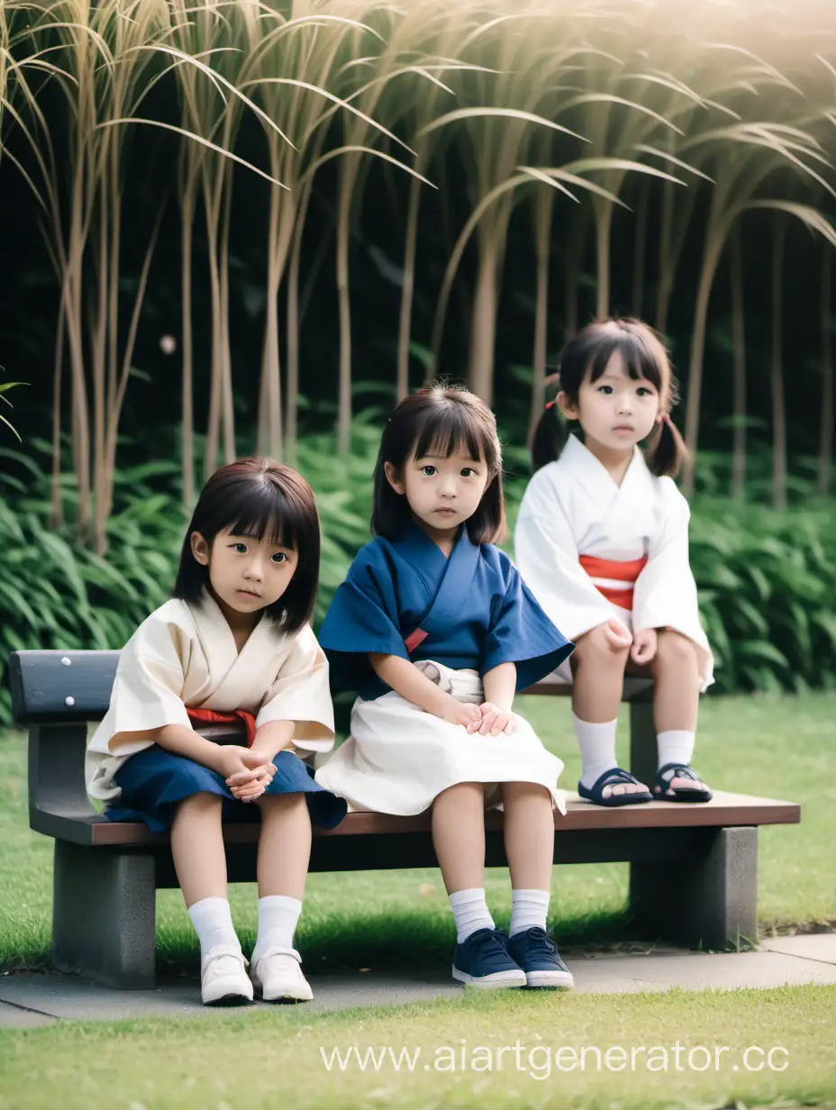 маленькие японские девочки мальчики сидят на скамейке на около травы