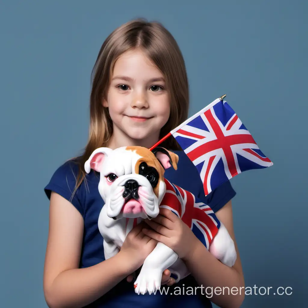 Сгенерировать фотографию девочки которая держит игрушку британского бульдога с флагом английй
