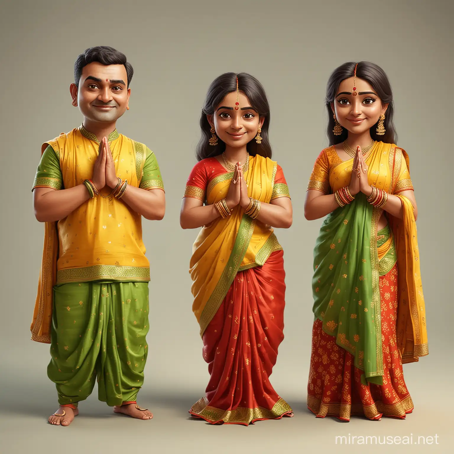 create a caricature of a couple (men and women) who are little fat standing with Folding Hands (doing Namaste) where women is in yellow and red saree and men is in green kurta 
