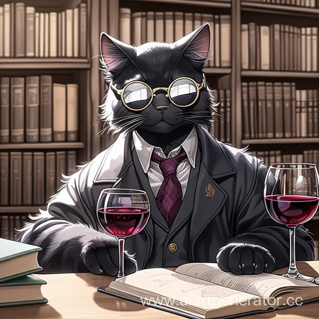 Черный котв очках, в библиотеке, пьет вино, рисунок в аниме стиле