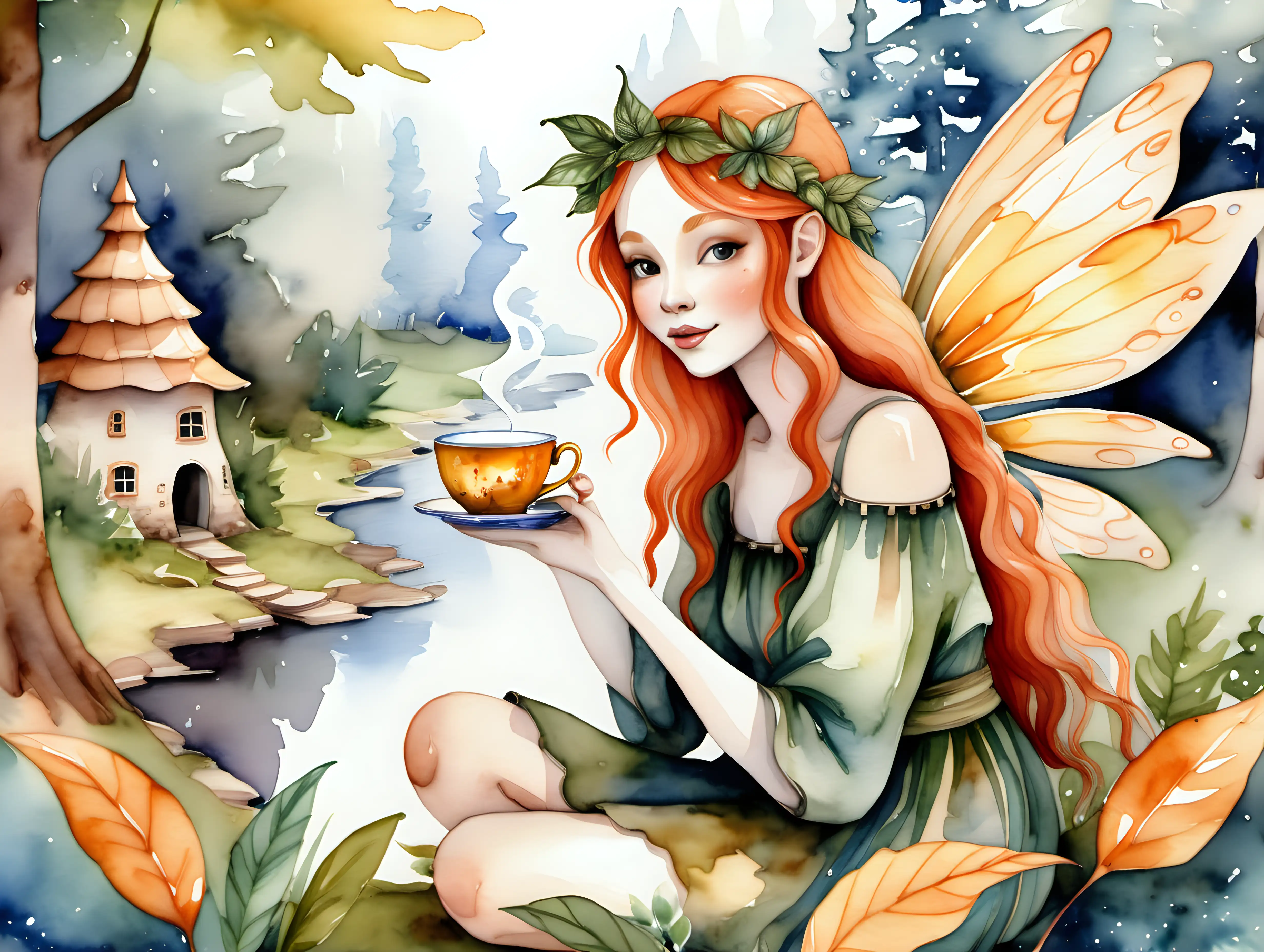 Beautiful ginger fairy drinking tea from a cup in forest village in watercolor theme