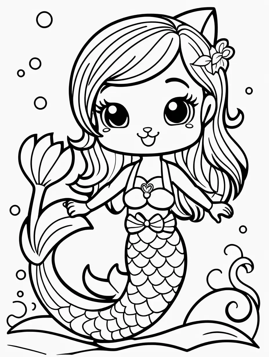 Simple Cartoon Mermaid Cat Coloring Page for 3YearOlds