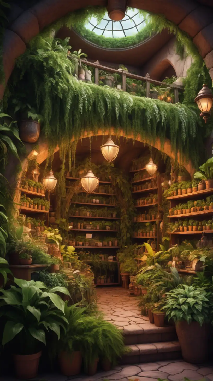 Enchanting Fantasy Store Warm and Cozy Haven Adorned with Lush Plants
