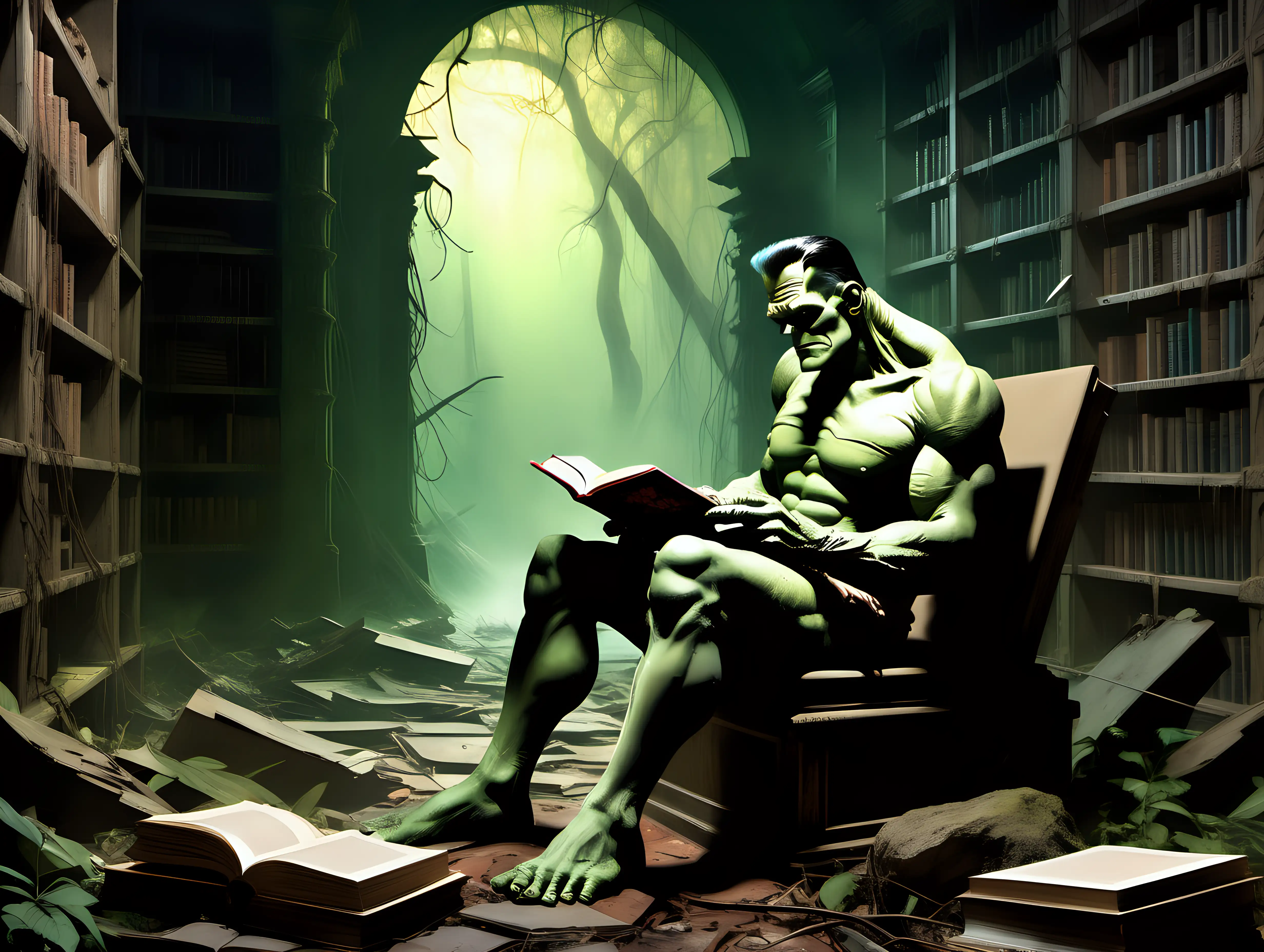 Frankenstein reading a book inside of an abandoned forgotten library in the Amazon forest Frank Frazetta style