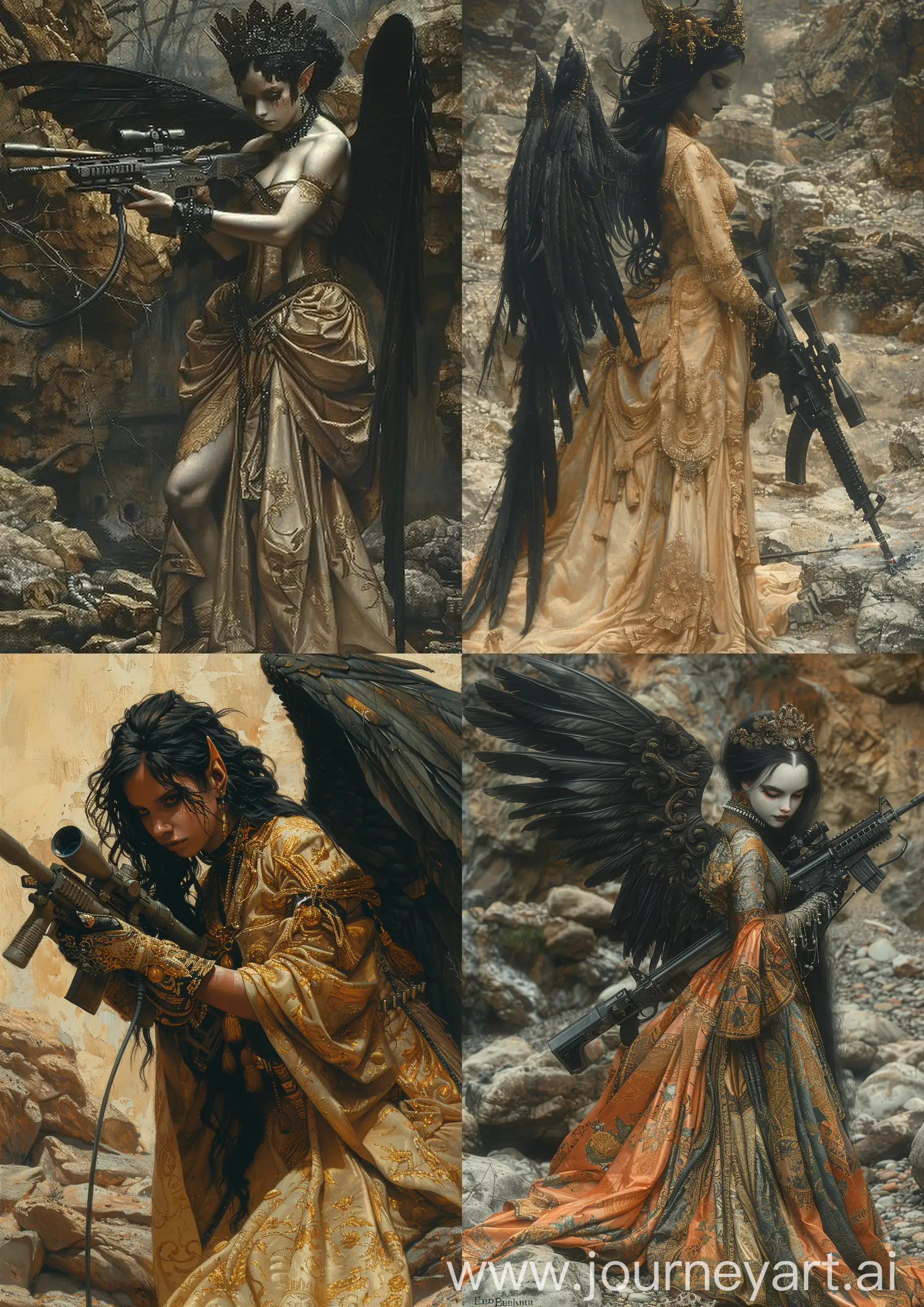 Edward Burne-Jones painting of  a beautiful female vampire, having black wings, ornate silk robes, welding an M16 rifle, standing on rocks, earth tones, detailed, full body --c 22 --s 750 --v 6.0 --ar 5:7
