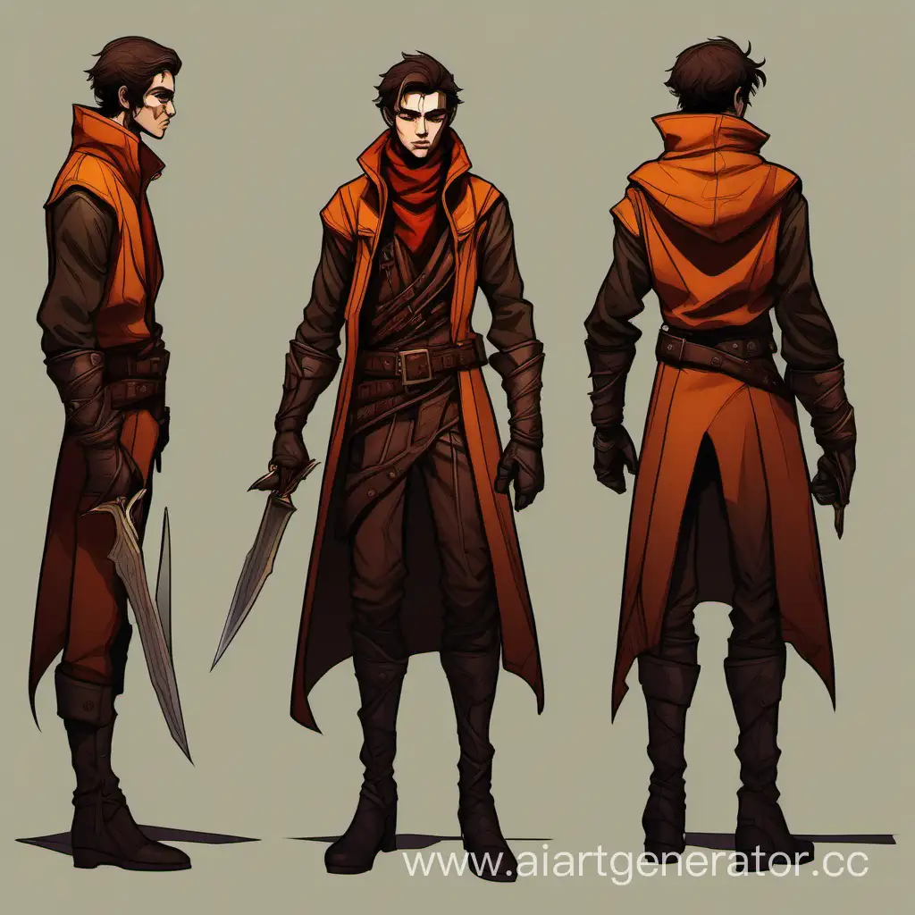  The image features a simplified, 2D fantasy-style design of a skinny young man rogue. He has a sly and mischievous expression on his face and is dressed in a sleek, form-fitting leather ensemble. The rogue wears a cloth cape in warm colors, such as shades of red, orange, and gold, which adds a sense of vibrancy and adventure.  The young man appears agile and nimble, with a wiry frame and quick reflexes. He is holding a small, ornate dagger in his hand, ready for quick strikes or stealthy maneuvers. His facial features include tousled brown hair falling over his intense, piercing eyes, giving him a roguish charm.  The image is presented in a high-resolution 4K format, allowing for detailed and crisp visual elements. It includes two versions side by side to provide variety. In one version, the rogue is depicted in a bustling city environment, with warm-colored buildings and cobblestone streets. The other version showcases the rogue navigating through a dense and mysterious forest, with vibrant foliage and intriguing shadows.  Overall, the image captures the essence of a young rogue, radiating confidence and dexterity, set in a warm-colored and inviting fantasy world.