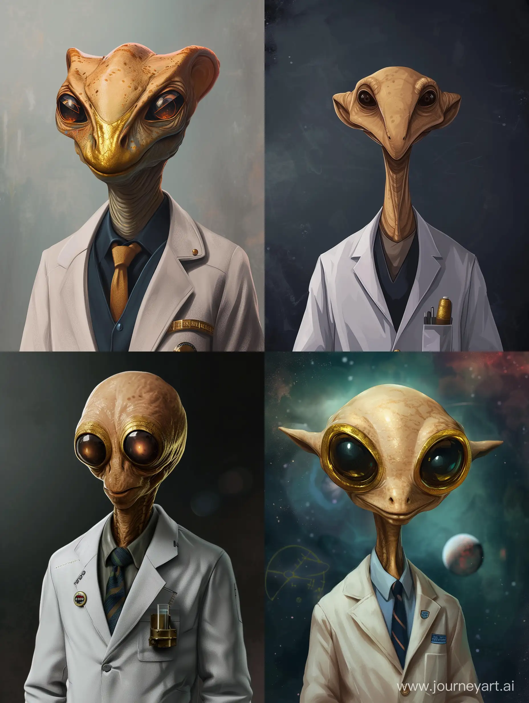 cartoon character reference, creature with tw head, humanization, in science coat, gold mask, portrait