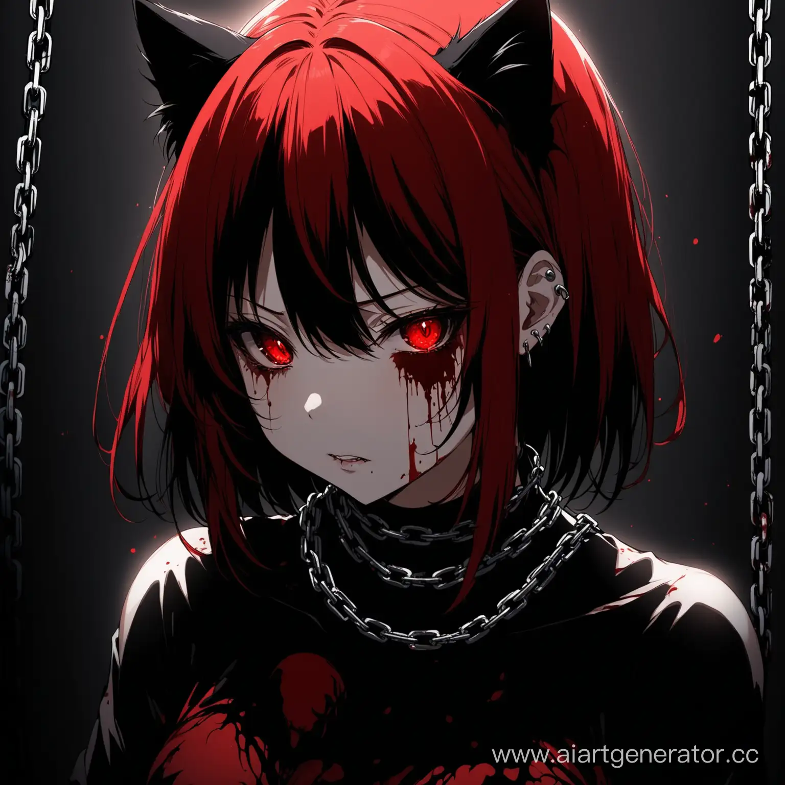 Anime-Girl-with-Red-and-Black-Hair-and-Black-Cats-in-a-BloodStained-Scene