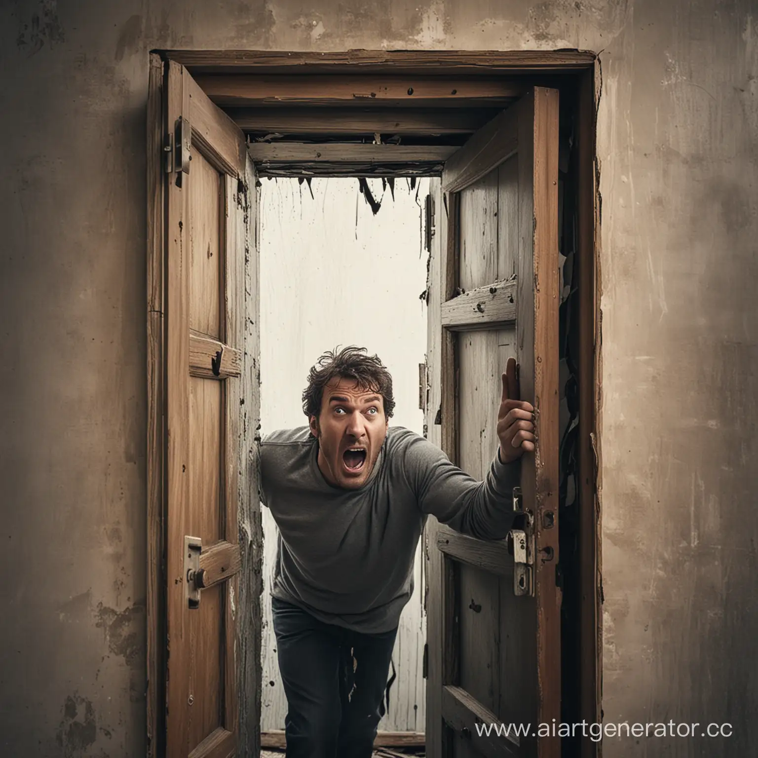 Man-Yelling-Through-Broken-Doorway