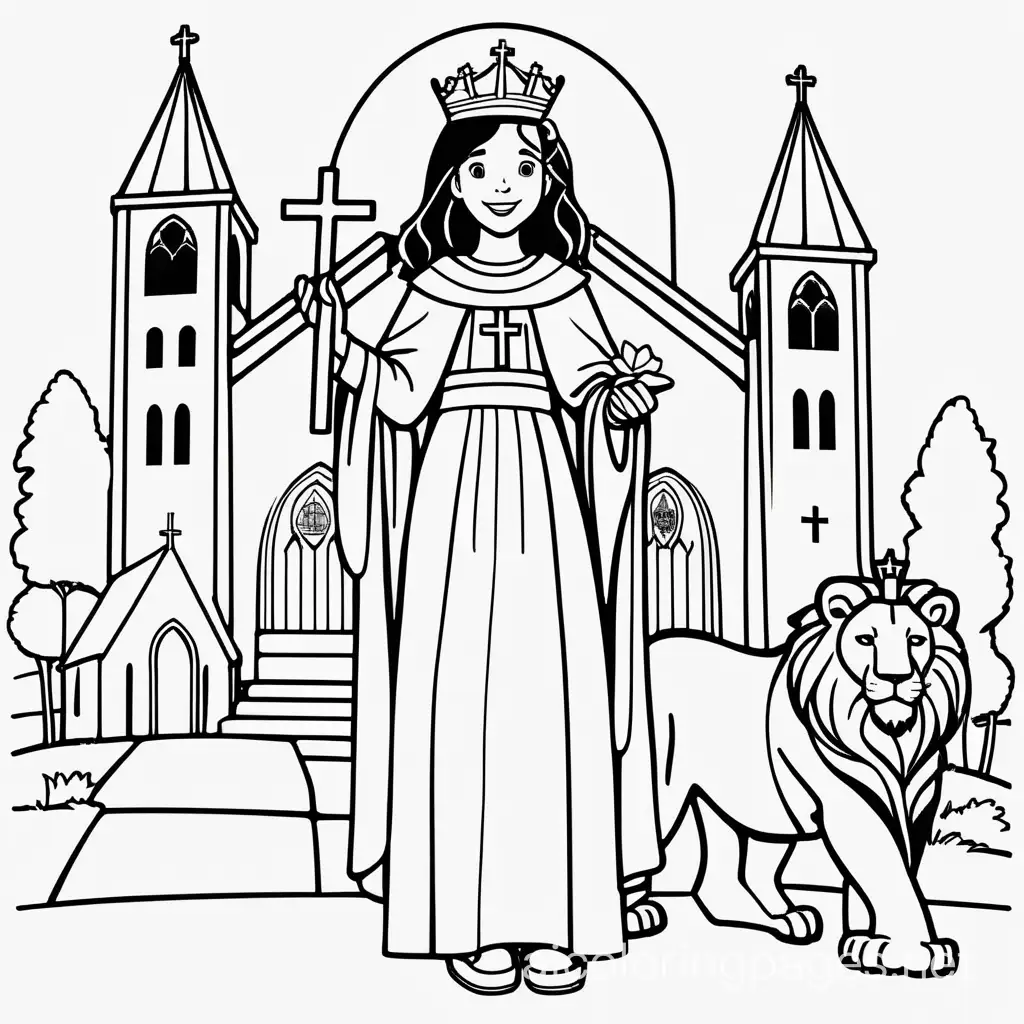 Saint Ana Simone full body smiling blessed holding a small cross in her hand and wearing a crown standing next to church and faraway  lion, cartoon style, thick lines, low detail, no shading, black and white, clean line art, one line, very minimal lines for coloring for young kids, Coloring Page, black and white, line art, white background, Simplicity, Ample White Space. The background of the coloring page is plain white to make it easy for young children to color within the lines. The outlines of all the subjects are easy to distinguish, making it simple for kids to color without too much difficulty