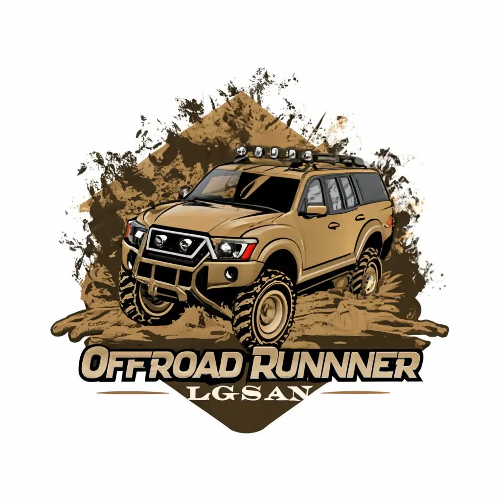 a logo design, with the text OFFROAD RUNNERLGSAN, main symbol:TRUCKS, MUD, OFFROAD, MUDDY TIMBER, MUDDY ROAD complex, to be used in Automotive industry, MUD background
