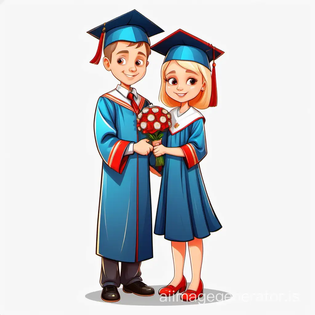 Russian Boy elementary school graduate holds Russian girl graduate by the hand, cartoon style, transparent background