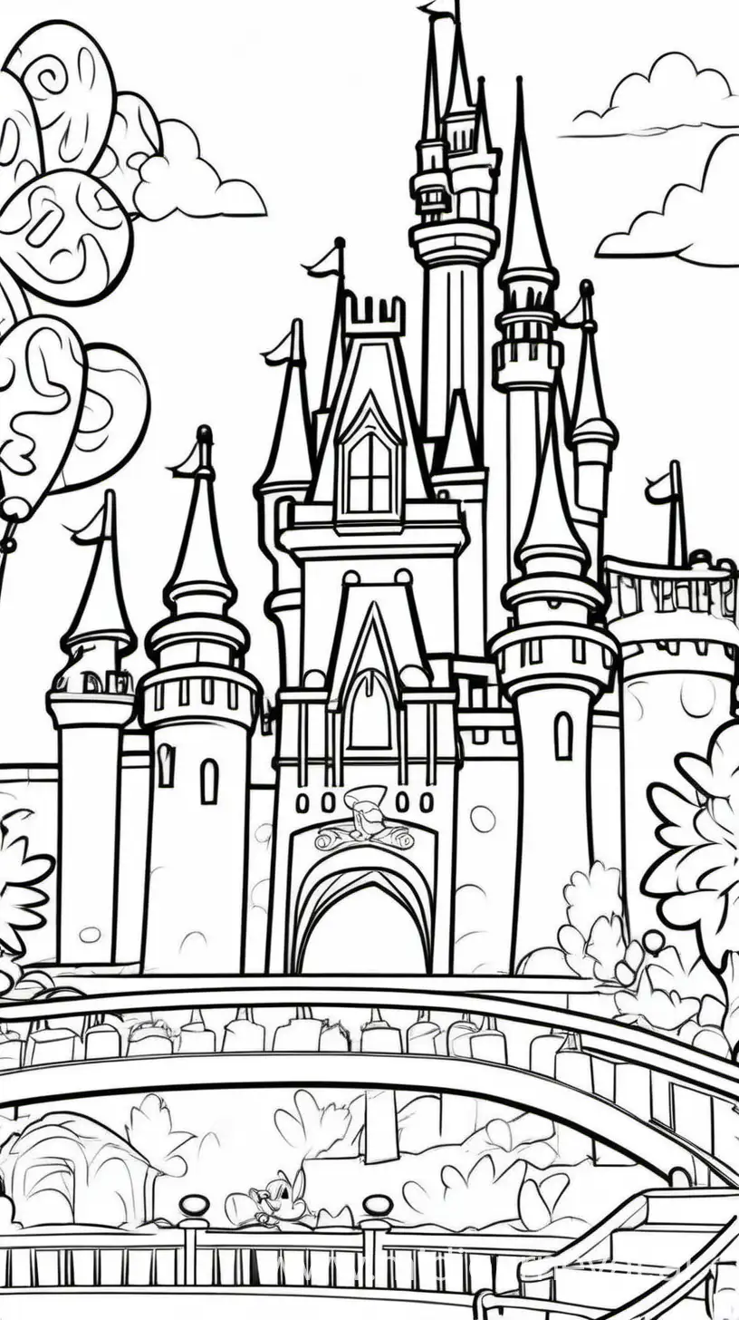 /imagine: coloring pages for kids, Minnie Mouse at Disneyland with friends, for 5 year old birthday party, activity book, thick lines, low detail, no shading, 