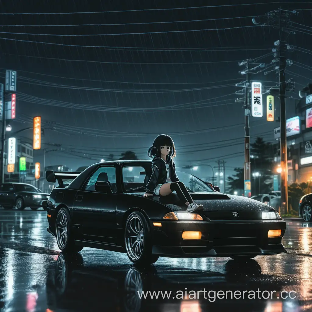 Аниме девушка сидит на капоте JDM черного цвета Машине. На заднем фоне ночь и идет дождь. Стоит машина на дороге где слева направо горят фонари.