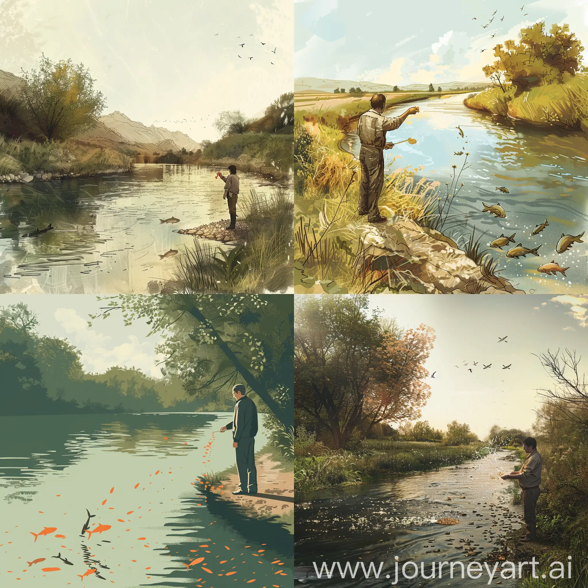 make a design of a man standing beside a river and feeding some food to the fishes 
