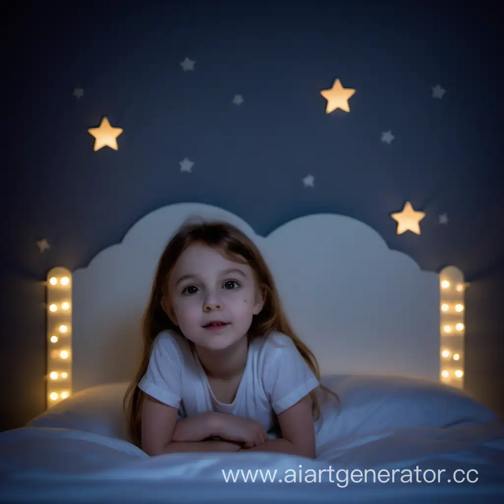 Маленькая девочка в комнате, в кровати вечером, перед сном, рядом стена, на которой светящиеся звездочки
