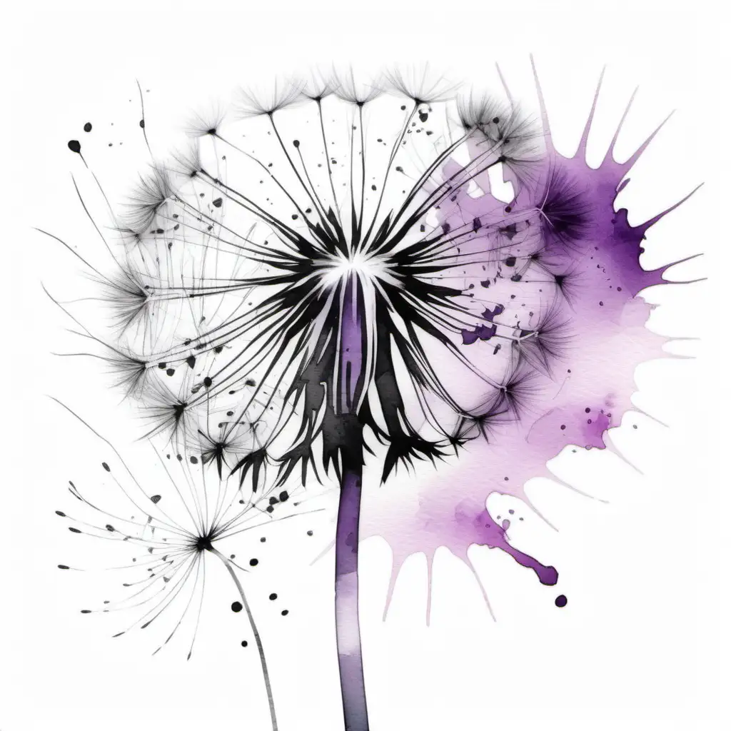 Abstract Watercolor Dandelion Art in Black White and Violet on Empty White Background