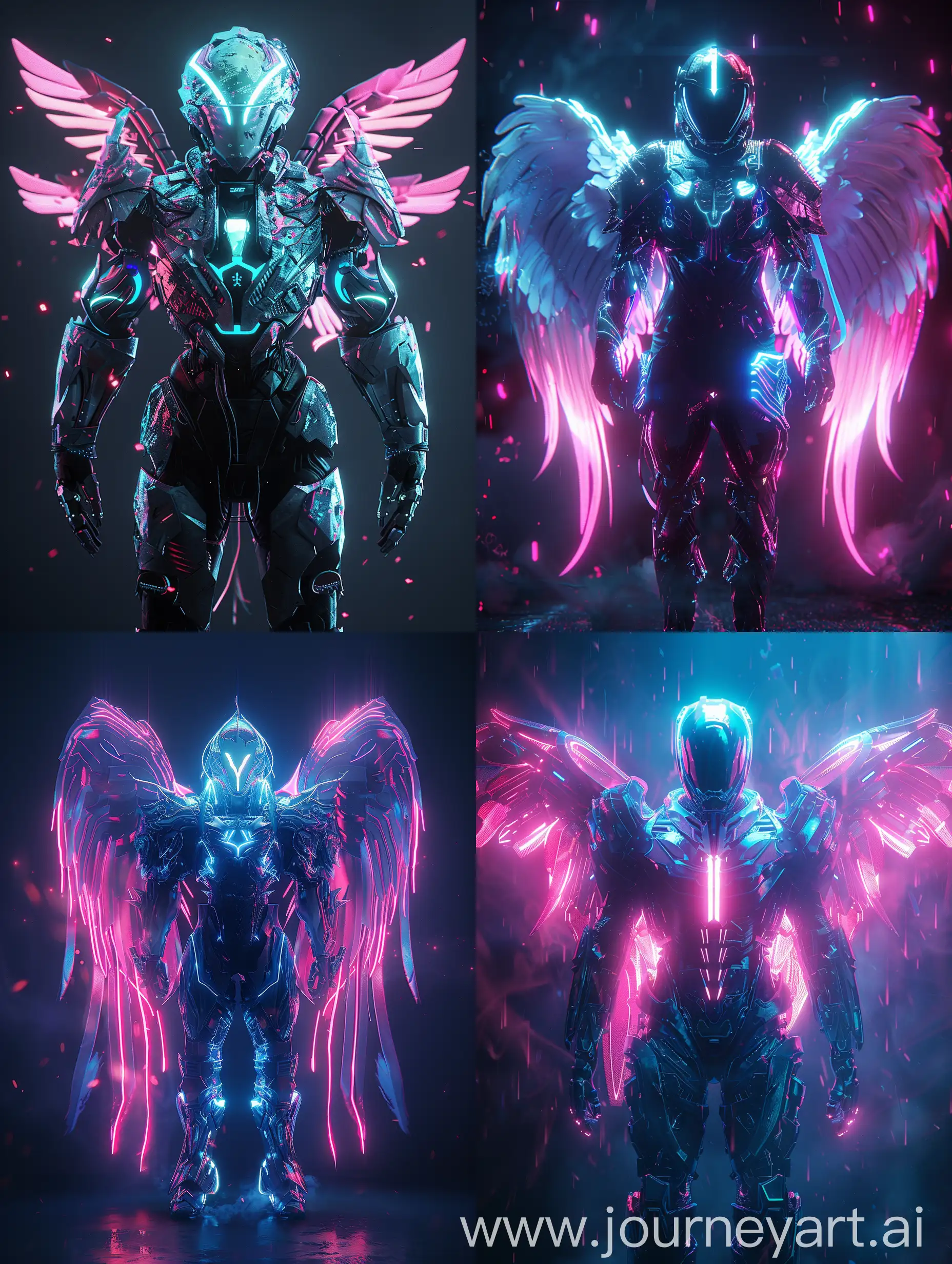 game character with glowing armor and wings with a fantasy concept, sci-fi, darkness, with subtle pink and blue gradients, ultra detailed, ultra quality, cyberpunk background