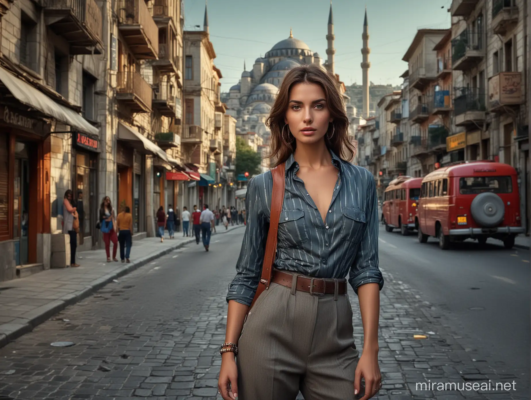 top model modern fashion woman, photorealistic, Hasselblad color, Steve McCurry style lighting, Istanbul best streets in the background, 2.8 aperture, 24-70 lens,