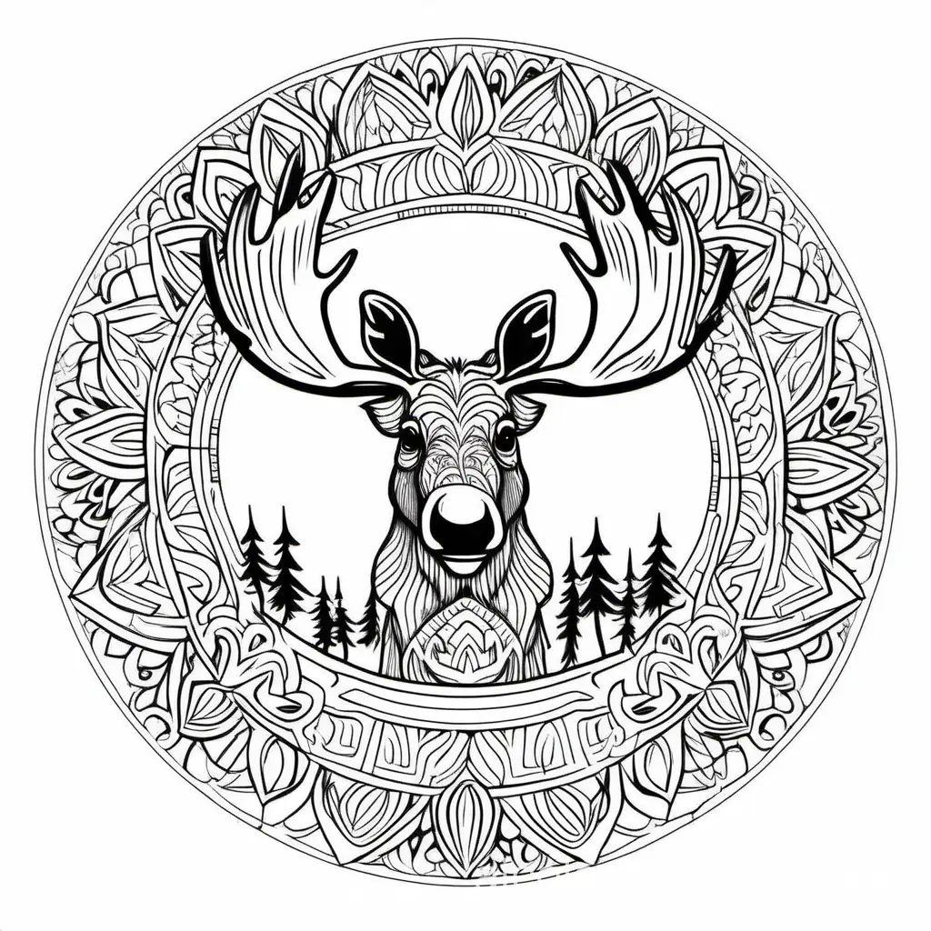 moose inside a mandala, Coloring Page, black and white, line art, white background, Simplicity, Ample White Space. The background of the coloring page is plain white to make it easy for young children to color within the lines. The outlines of all the subjects are easy to distinguish, making it simple for kids to color without too much difficulty