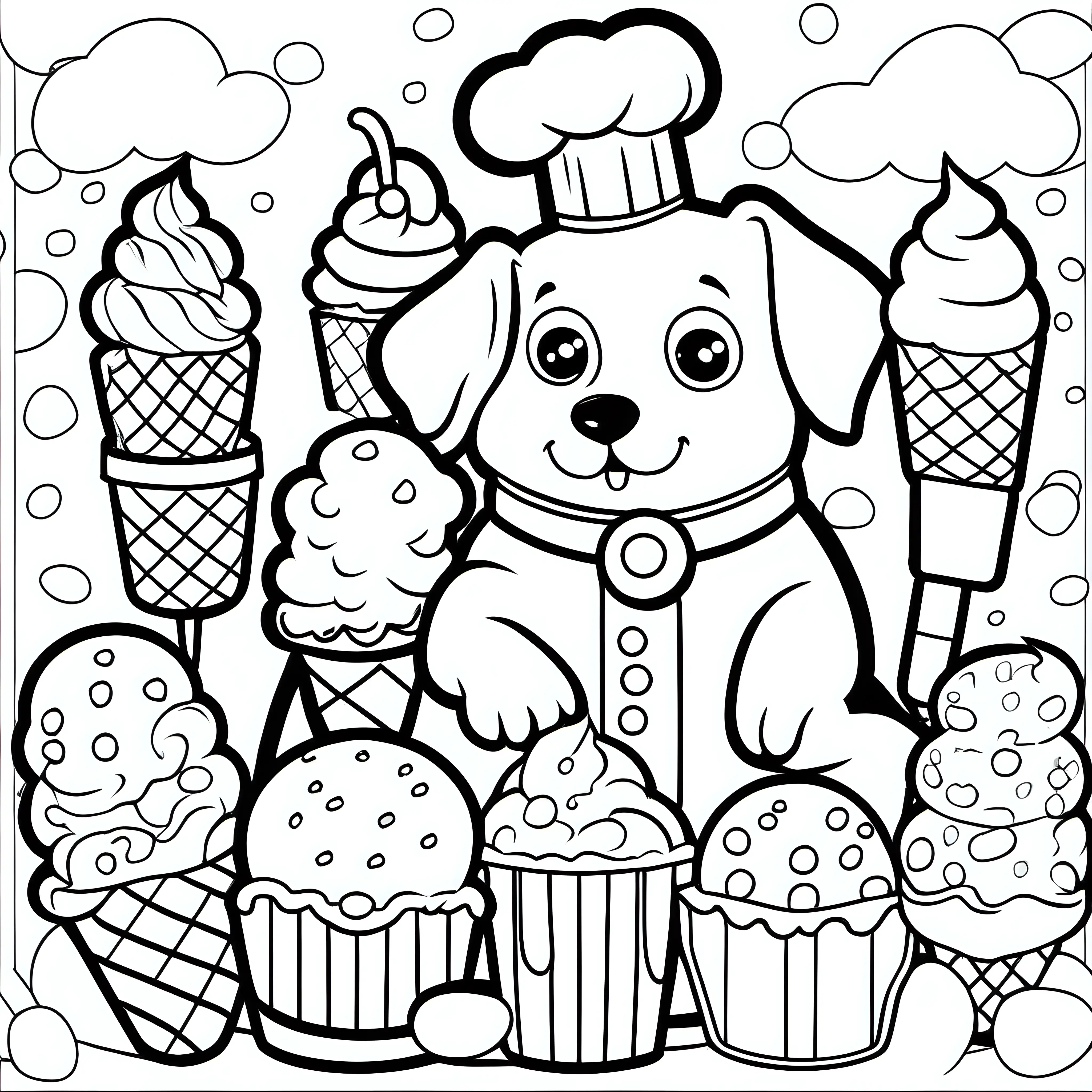 Adorable Dog Chef in Ice Cream Wonderland Coloring Page