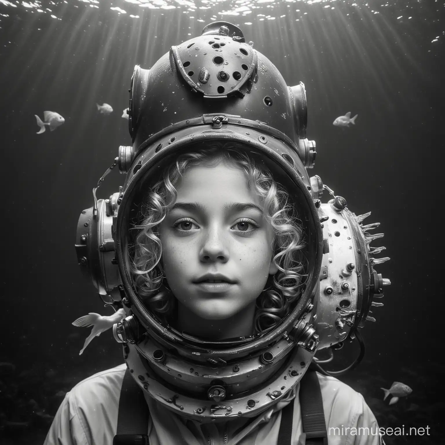 black and white photo of girl with curly blond hair head in an old deep sea diving helmet and fish swimming around her head
