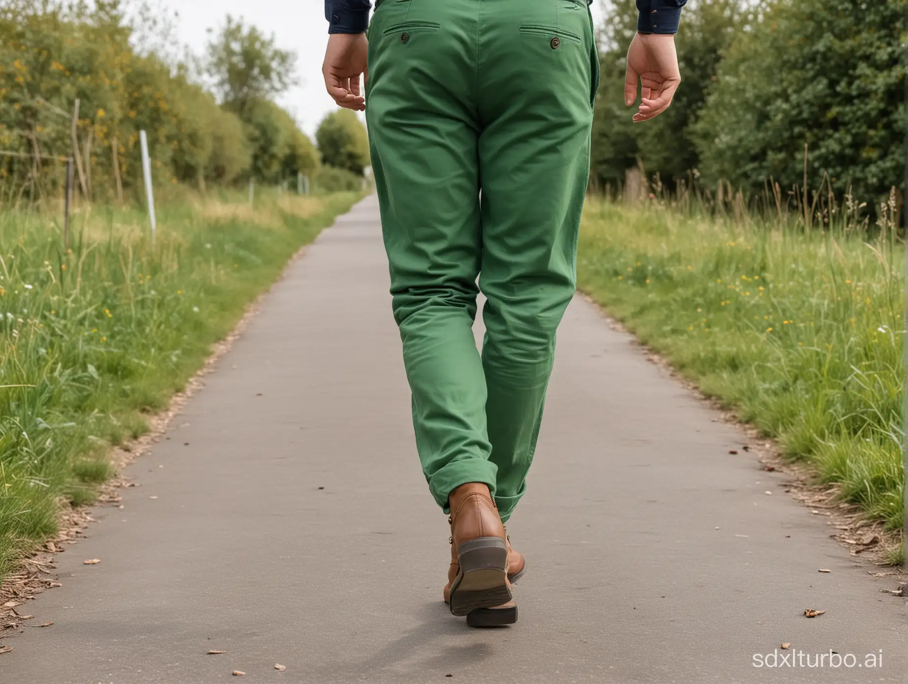 Legs wearing green trousers walking from behind