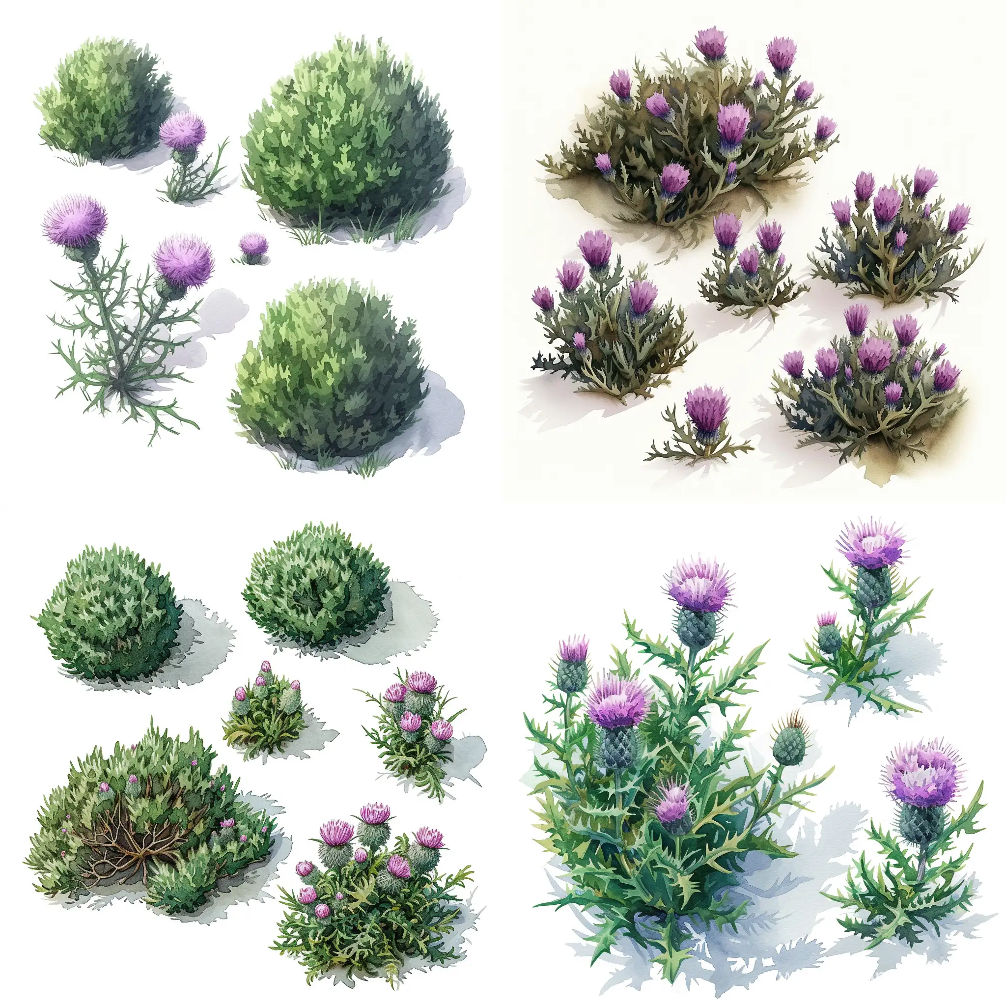 Watercolor-Bushes-and-Thistle-Flowers-in-Isometric-Composition
