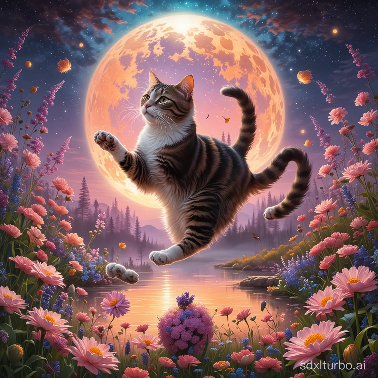 Generate the image: A graceful and playful cat balances a vibrant and blooming flower orb on its paws, while floating effortlessly in the soft and celestial glow of a moonlit sky. The cat's eyes sparkle with mirth as it twirls the flower around with dexterity, creating a dreamy and surreal landscape that evokes a sense of fantasy and whimsy.
