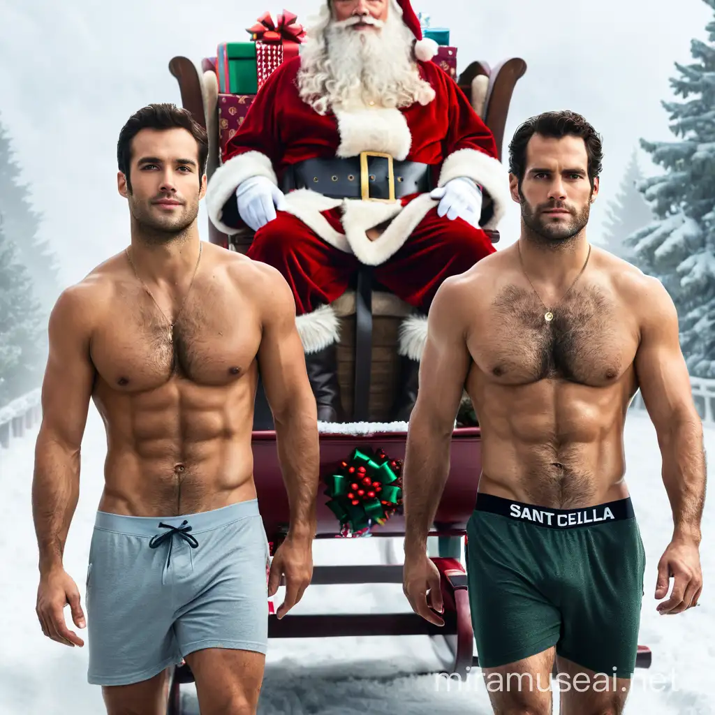 Actor Ryan Guzman and actor Henry Cavill pulling Santa's sleigh. Guzman and Cavill shirtless, beard, very hairy body and chest, barefoot, torn rag underwear made from old bags, all with a serious look. Happy Santa Claus with gifts on the sleigh.